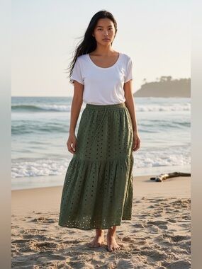 ASOS Olive Eyelet Tiered Maxi Skirt | PTP- 12” | L- 29”